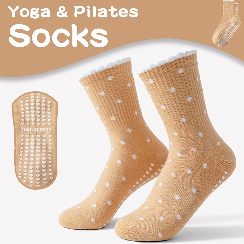 Medias Para Pilates Y Yoga - レディース ブラウン ヨガソックス、白い水玉模様、滑り止め付き、耐久性、柔らかい、通気性。 ヨガ、ピラティス、ジム、ダンス、アウトドアに。 素晴らしい贈り物